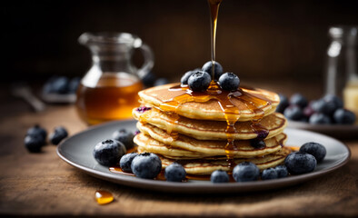 Golden pancake stack with blueberry drizzled with maple syrup - 752197335