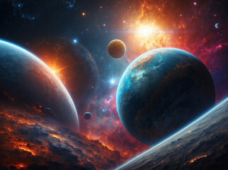 Beautiful alien planet with colorful nebula