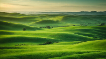 Serene green rolling hills at sunset