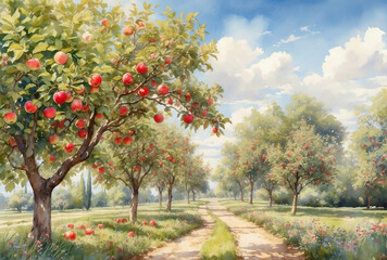 Fototapeta na wymiar Watercolor idyllic apple orchard