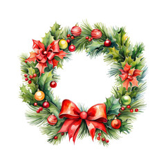 Fototapeta na wymiar Festive watercolor christmas wreath with red bow