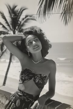 Vintage-style photo of a woman in skirt and bikini top in Hawaii