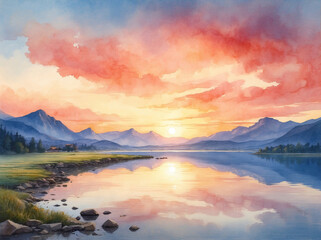 Serene mountain lake sunset watercolor painting