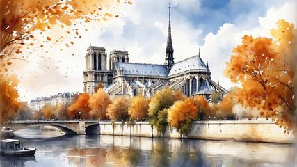 Obraz premium Autumn notre dame cathedral watercolor