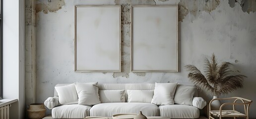 mockup realistic wooden minimal frame on white wall in  wabi sabi style living room