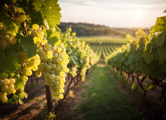 Bunches of white grapes hanging in vineyard