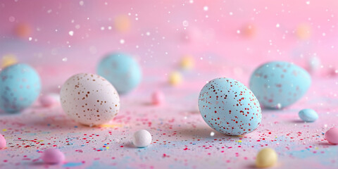 Fototapeta na wymiar Pastel Easter eggs adorned with glitter, amidst a confetti shower, suggesting joy. Suited for vibrant, playful holiday visuals