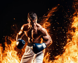 Boxer in black boxing gloves fighting in fire - 752197960