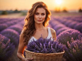 Woman at lavender field at sunset - 752197996