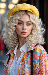 Beautiful blonde girl in a yellow cap. Beauty, fashion