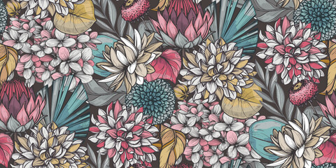 Vector seamless pattern with dried flowers, leaves and branches. Endless floral background