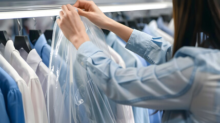 Dry-cleaning service. Woman taking shirt in plastic bag from rack indoors, closeup