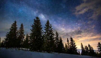 A beautiful night sky and coniferous forest, trees, stars, Milky Way galaxy