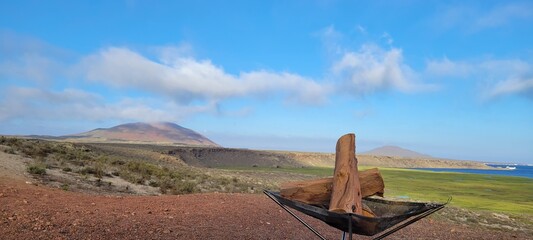 Grill with a log with the ocean in the background