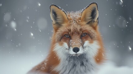 Red Fox in Snow. A majestic red fox sits in a snowy field, its fur dusted with snowflakes.