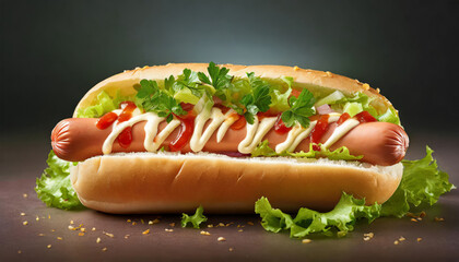 Fresh hotdog or sausage sandwich with ingredients and spices, ready to serve and eat