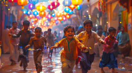 A group of children playing joyfully in a colorful bazaar, spreading happiness during Eid Mubarak. 8K.