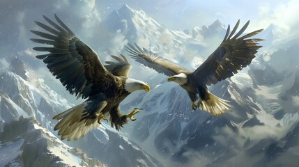Eagles Dueling. Two American bald eagles engage in an aerial duel amidst the stunning scenery of snow-capped mountains.