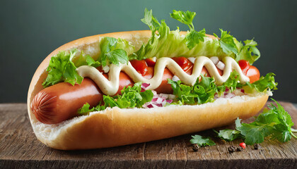 Fresh hotdog or sausage sandwich with ingredients and spices, ready to serve and eat - obrazy, fototapety, plakaty