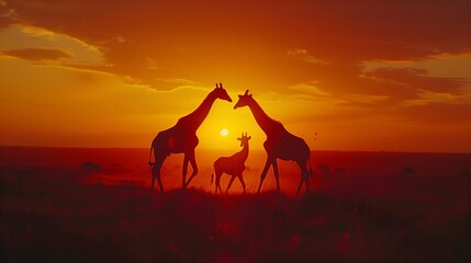 Fototapeta na wymiar Giraffe Family Silhouette against the warm glow of the African sunset, creating a serene scene.