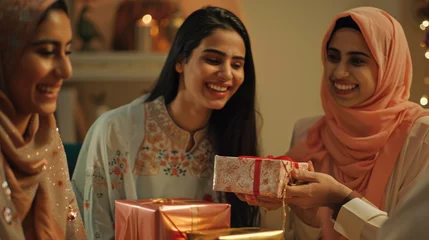 Foto op Plexiglas A group of friends sharing laughter and joy as they exchange gifts to celebrate Eid Mubarak together. 8K. © Rafay Arts