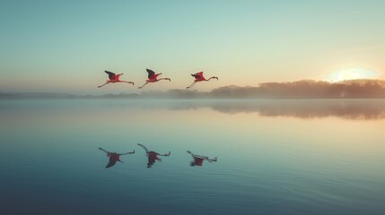 Flamingos in Flight over Lake. Flock of flamingos flies gracefully over a calm lake at dawn, reflecting on the undisturbed water surface.