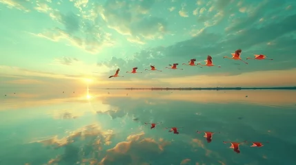 Keuken spatwand met foto Flamingos Flying over Water. Serene scene unfolds as flamingos take to the skies, their silhouettes painted against a golden sunrise reflected on water. © Old Man Stocker