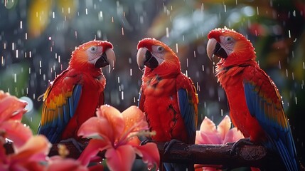Scarlet macaws soaked by rain, their vivid red, blue, and yellow feathers glisten against a backdrop of tropical flowers.
