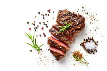 Grilled sliced juicy beef rib eye steak with herbs and spices isolated on white