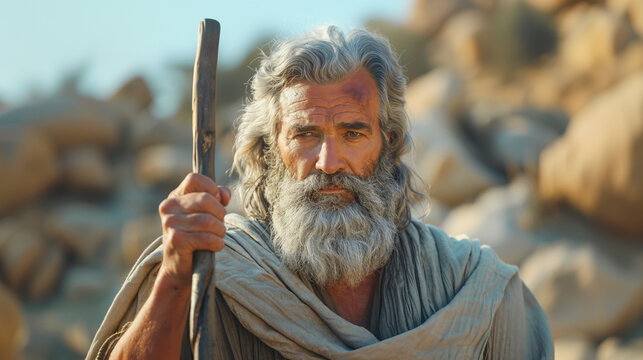 A determined figure resembling the biblical Moses with a staff, set against a rocky backdrop, portrayed in a photorealistic style.