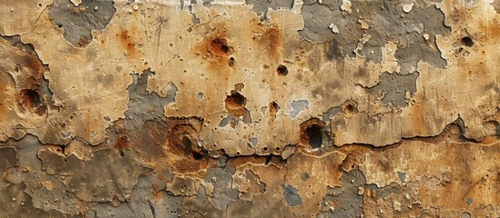 A close-up view of an aged wall with peeling paint and cracked plaster, revealing layers of history and decay.