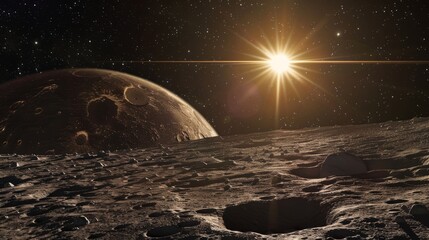 View of the moon from an alien planet during a sunrise