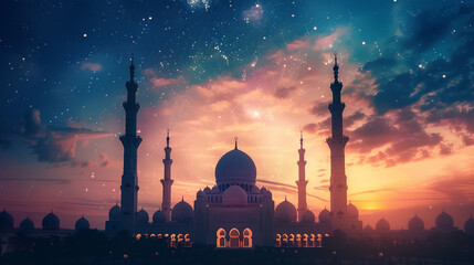 A magical night sky filled with twinkling stars, framing a magnificent mosque silhouette, radiating...