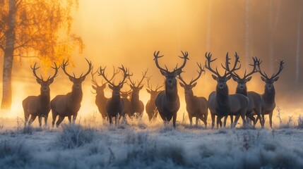 Stags in Misty Golden Sunrise. Majestic herd of stags stands in the frosty morning, enveloped by a...