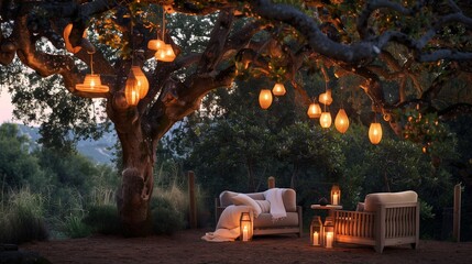 An elegant outdoor seating area featuring cozy armchairs and decorative lanterns, nestled beneath a canopy of trees. - obrazy, fototapety, plakaty