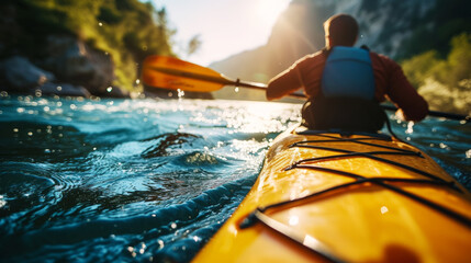 Man in kayak with paddle. Back view. Splashes of water of mountain river. Extreme kayak sport concept. Generative AI