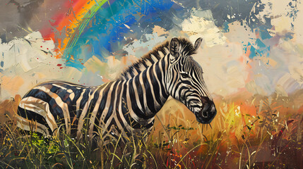 Zebra in grassland with rainbow