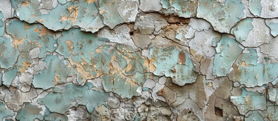 A close-up view of a tree trunk with peeling paint, revealing the layers of old paint and wood underneath. The texture of the peeling paint adds a weathered and rustic look to the tree.