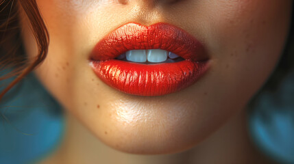 Sexy lips. Makeup detail of beauty scarlet lips. Beautiful makeup close-up. Sensual open mouth. lipstick or lip gloss. Cosmetology and makeup advertising concept. - obrazy, fototapety, plakaty