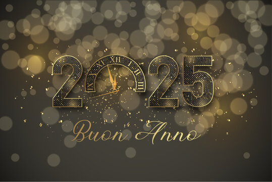 Biglietto o cerchietto per augurare un felice anno nuovo 2025 in grigio e oro Lo 0 è sostituito da un orologio su sfondo grigio con glitter dorati e stelle e cerchi effetto bokeh
