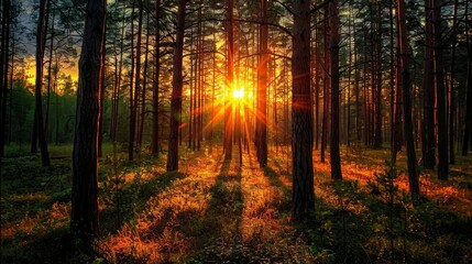 Obraz premium Sunset or sunrise in the forest with rays of light