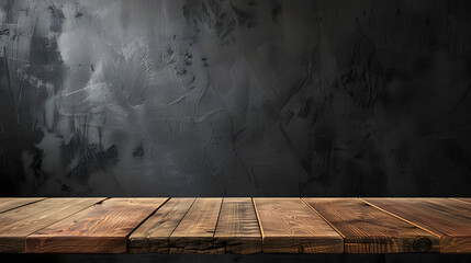 Real wood table top texture on dark room interior design background. For create product display or design key visual , - obrazy, fototapety, plakaty