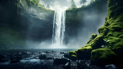 A waterfall cascades into a pool of water, framed by mossy cliffs and a lush forest. - obrazy, fototapety, plakaty