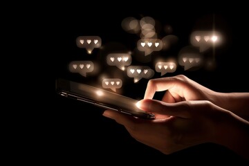 Hands touching the screen of a mobile phone with a lot of "likes". Black background