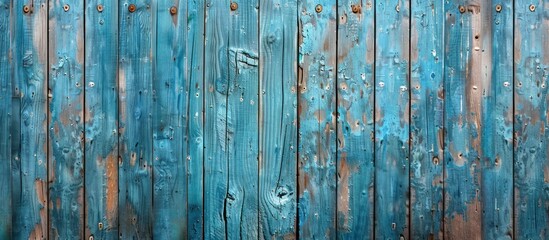 Detailed view of a wooden fence painted in blue, showing texture and color closely.