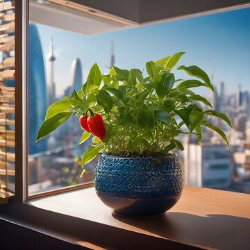 Bell Paprika pland on a windowsill with downtown in the background
