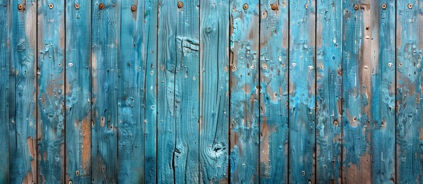 Detailed view of a wooden fence painted in blue, showing texture and color closely.