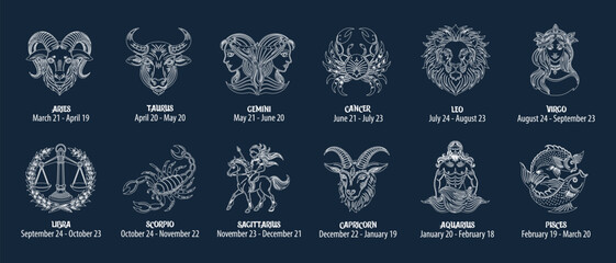 Set of zodiac signs, astrological horoscope signs. Contour white drawings on a blue background. Icons, vector