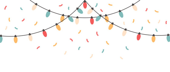 Festive garlands with colorful lights, lamps and confetti. Festive background for any holiday. Vector