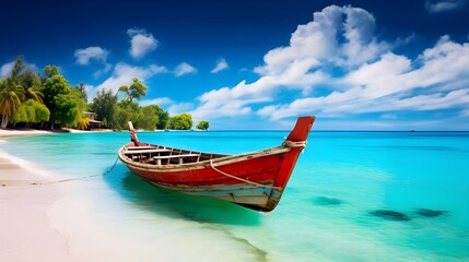 A boat is docked at the shore of a tropical beach with crystal clear waters and a blue sky.